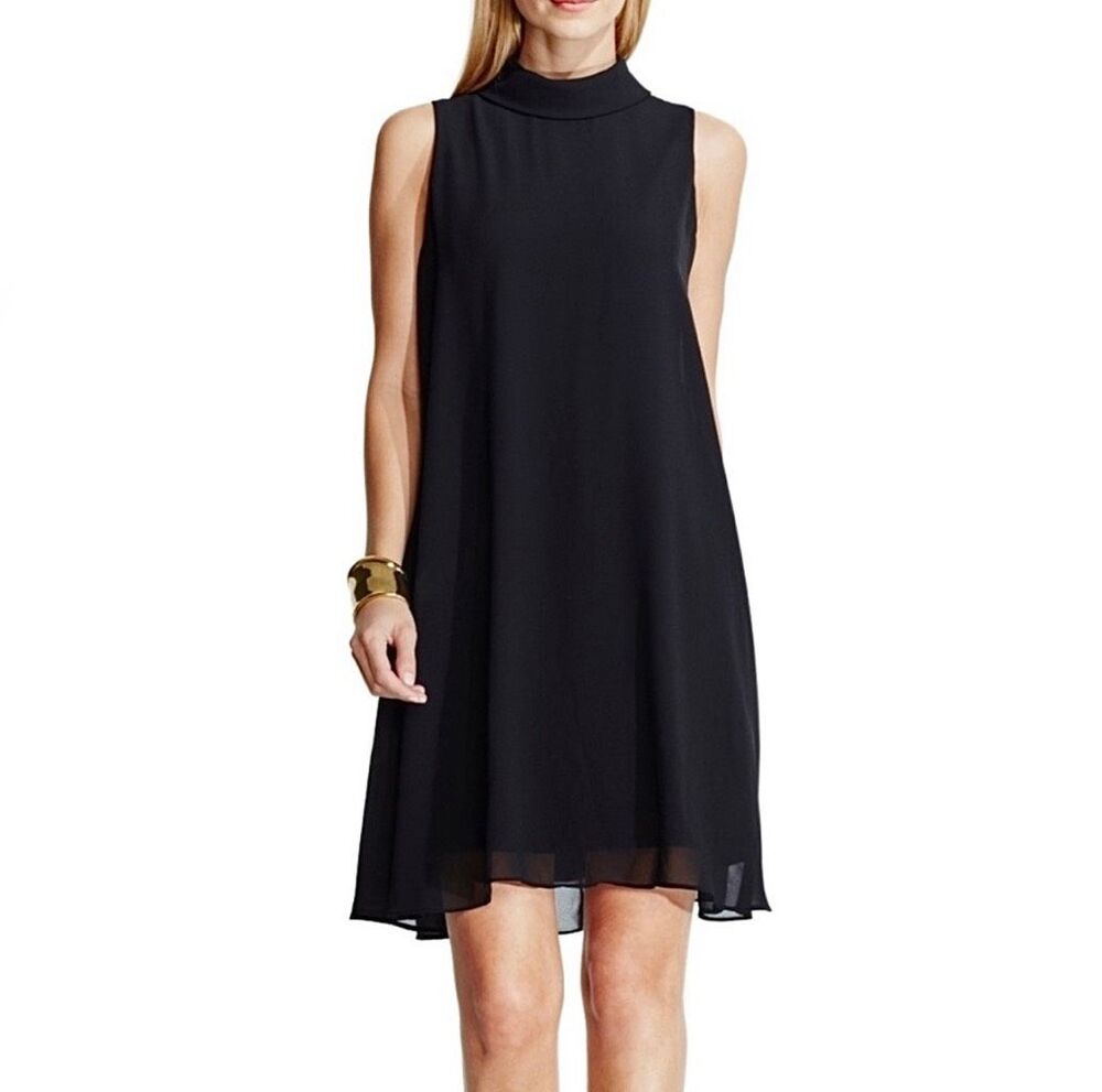 Vince Camuto Dress Black Cocktail Chiffon Shift Mock-Neck Trapeze Dress Size 2